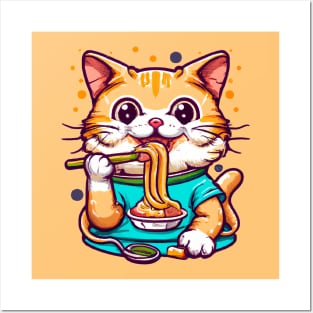 Cute Cat eating spaghetti Posters and Art